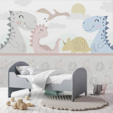 Een fotobehang met een kleurrijke mix van pastel-dinosaurussen voor een kinderkamer.