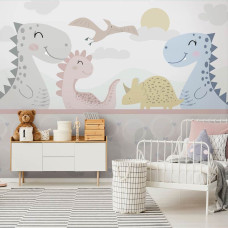 Een vrolijk dinosaurus-fotobehang in pastelkleuren voor een jongenskamer.
