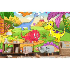 Een fotobehang met dinosaurussen tegen een vulkanische achtergrond, afgebeeld in een kinderkamer.