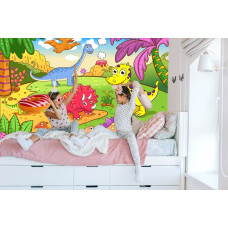 Een fotobehang met dinosaurussen voor een vulkaan, afgebeeld in een meisjeskamer.