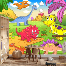 Een fotobehang met een levendig dinosauruslandschap, weergegeven in een speelkamer.