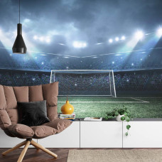 Een fotobehang met een voetbal gericht op het doel in een stadion in een huiskamer.