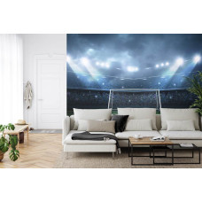 Een fotobehang met een voetbal gericht op het doel in een stadion in een woonkamer.