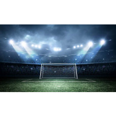 Fotobehang van een voetbal die naar het doel vliegt in een stadion, gevangen op het precieze moment van een belangrijke score.