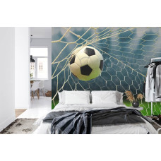 Een fotobehang met een voetbal in een kalme en strategische scčne bij een doel in een slaapkamer.