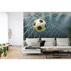 Een fotobehang met een voetbal die op het punt staat om het doel te bereiken in een woonkamer.
