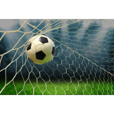 Fotobehang van een voetbal die het doel binnengaat, met een helder zicht op het net tijdens het scoren.
