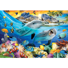 Dolfijnen in een onderwaterwereld, aquarium fotobehang met palmbomen en een tropische uitstraling.