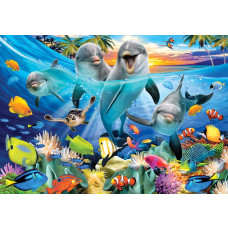Dolfijnen onderwater met palmbomen, aquarium fotobehang met een vrolijke, tropische sfeer.