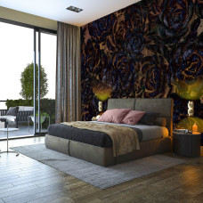 Een fotobehang met donkere bloemen in een sfeervol ontwerp voor de slaapkamer.