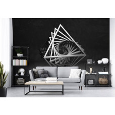 Fotobehang in een woonkamer met een dynamisch ontwerp van driehoeken in 3D op een donkere achtergrond die het interieur versterkt.