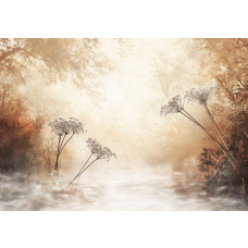 Fotobehang met een dromerig landschap vol mist en wildbloemen in warme retro kleuren.