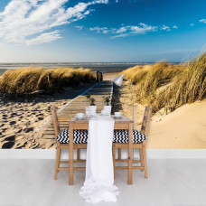 Een fotobehang van duinen en de zee in een natuurlijke omgeving, ideaal voor een keuken.