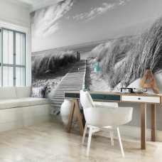 Een fotobehang met duinen en strand in zwart-wit, geschikt voor een kantoor.