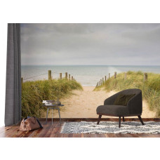 Fotobehang Duinen bij de Noordzee in de woonkamer met sfeervolle zandduinen en een rustgevende kustlijn die de ruimte een natuurlijke uitstraling geeft.
