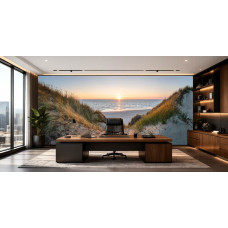 Fotobehang met rustgevend kustlandschap tijdens zonsondergang in het kantoor.