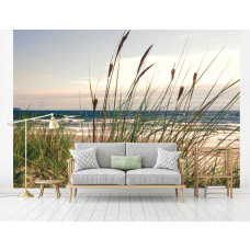 Fotobehang met duinen, zee, strand en kustgras met vliesbehang in woonkamer.