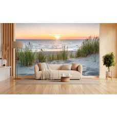 Fotobehang met zandduinen, duingras en ondergaande zon in de woonkamer.