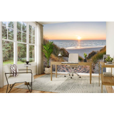 Fotobehang duinpad naar zee bij zonsondergang in een slaapkamer met een rustgevend uitzicht over de kust.