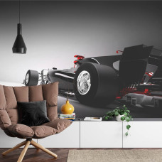 Een fotobehang van een dynamische Formule 1-auto met krachtige lijnen in een woonkamer.