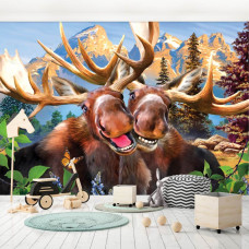 Een fotobehang met vrolijke elanden in een grappige selfie setting, geschikt voor de speelkamer.
