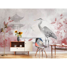 Een bedrijfsruimte met een fotobehang met een sierlijke reiger te midden van rode bladeren en een Japans huis, die samen zorgen voor een elegante uitstraling zorgen.