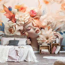 Een fotobehang van een elegante vrouw met pastel bloemen in kunststijl in de slaapkamer op schilderij.