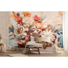 Een fotobehang van een elegante vrouw met pastel bloemen in kunststijl in de slaapkamer.