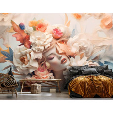 Een fotobehang van een elegante vrouw met pastel bloemen in kunststijl op vliesbehang in de slaapkamer.