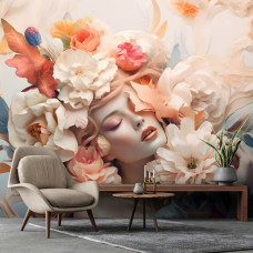 Een fotobehang van een elegante vrouw met pastel bloemen in kunststijl op vliesbehang in de woonkamer.