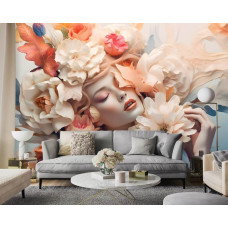 Een fotobehang van een elegante vrouw met pastel bloemen in kunststijl in de woonkamer.