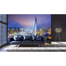Een fotobehang met de iconische Erasmusbrug in Rotterdam, omringd door de skyline van de stad, perfect voor een woonkamer.