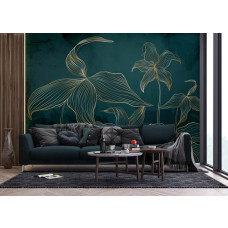 Een fotobehang met exotisch groen en gouden accenten in de woonkamer, waar diepe groentinten en verfijnde gouddetails een chique en botanische sfeer creëren.