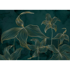 Een fotobehang met exotisch groen en gouden accenten, waarin weelderige tropische bloemen en subtiele goudtinten samenkomen voor een luxe en natuurlijke uitstraling.