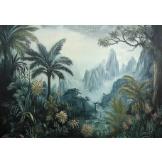 Fotobehang met een exotisch panorama van jungle, palmbomen en bergen in schilderachtige stijl.