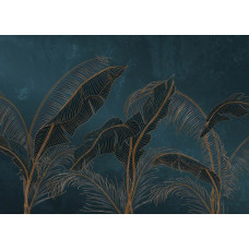Een fotobehang met exotische palmbladeren in diepgroen met gouden accenten, waarin weelderige bladeren en subtiele goudtinten zorgen voor een luxe en tropische uitstraling.