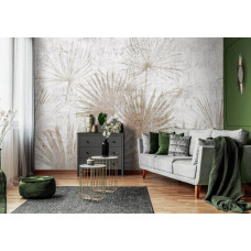 Een fotobehang met exotische planten op beton in een industrieel ontwerp, ideaal voor een woonkamer.