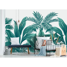 Een fotobehang met exotische planten en een jungle thema, ontworpen voor een avontuurlijke kinderkamer.