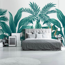 Een fotobehang met exotische planten en een jungle thema, ideaal voor een rustige slaapkamer.