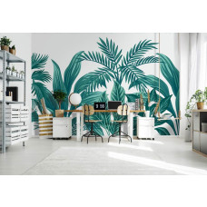 Een fotobehang met exotische planten en een jungle thema, perfect voor een sfeervolle woonkamer.
