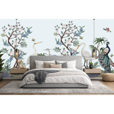 Fotobehang chinoiserie stijl met pauw en reigers in een rustige slaapkamer.
