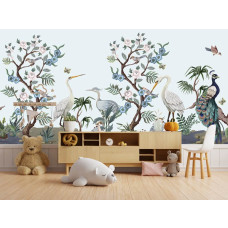 Fotobehang exotische vogels in chinoiserie stijl in een kinderkamer.