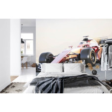 Een fotobehang van een Ferrari Formule 1-auto in een slaapkamer met een energiek ontwerp.