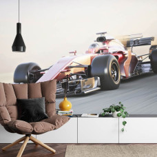 Een fotobehang van een Ferrari Formule 1-auto op topsnelheid in een woonkamer.