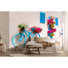 Een fotobehang van een fiets in een schilderachtige Griekse steeg in een slaapkamer.