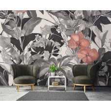 Fotobehang met artistieke botanische lijntekening en subtiele roze accenten in een woonkamer.