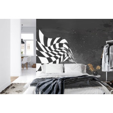 Een fotobehang van een finishvlag in een moderne slaapkamer.