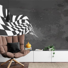 Een fotobehang van een finishvlag in een levendige woonkamer.