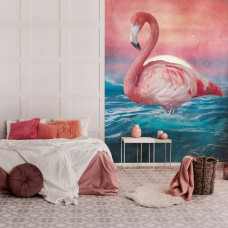 Een fotobehang van flamingo's met abstracte details.