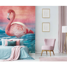 Een fotobehang van flamingo's in een kunstzinnig ontwerp voor een slaapkamer.